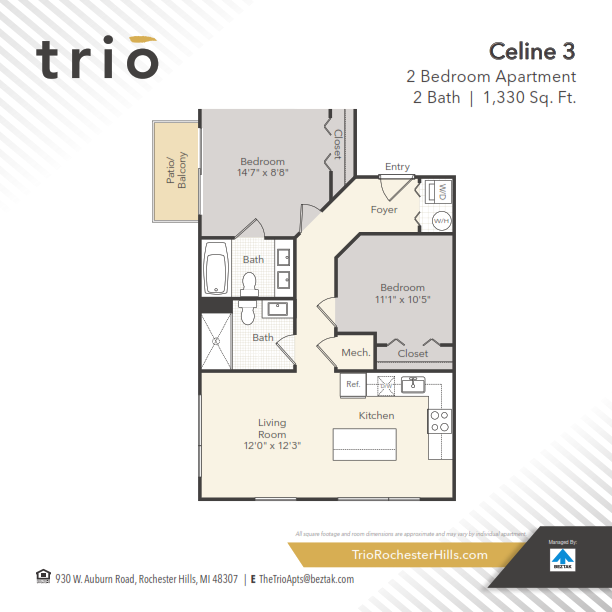 Floor plan for 2 beds, 2 baths, 1330 sqft